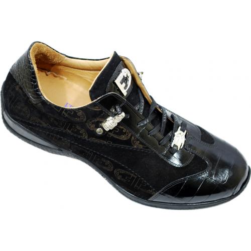 Fennix Italy 2929 Black Genuine Alligator / Suede  Sneakers With Fennix Laser Print